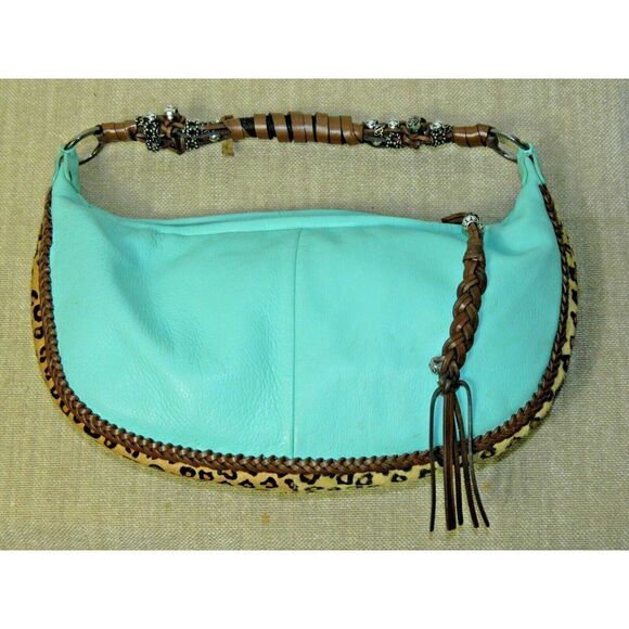 BEVERLY FELDMAN Purse Turquoise Brown Animal Hair Leather Hobo Satchel Handbag - Picture 1 of 13